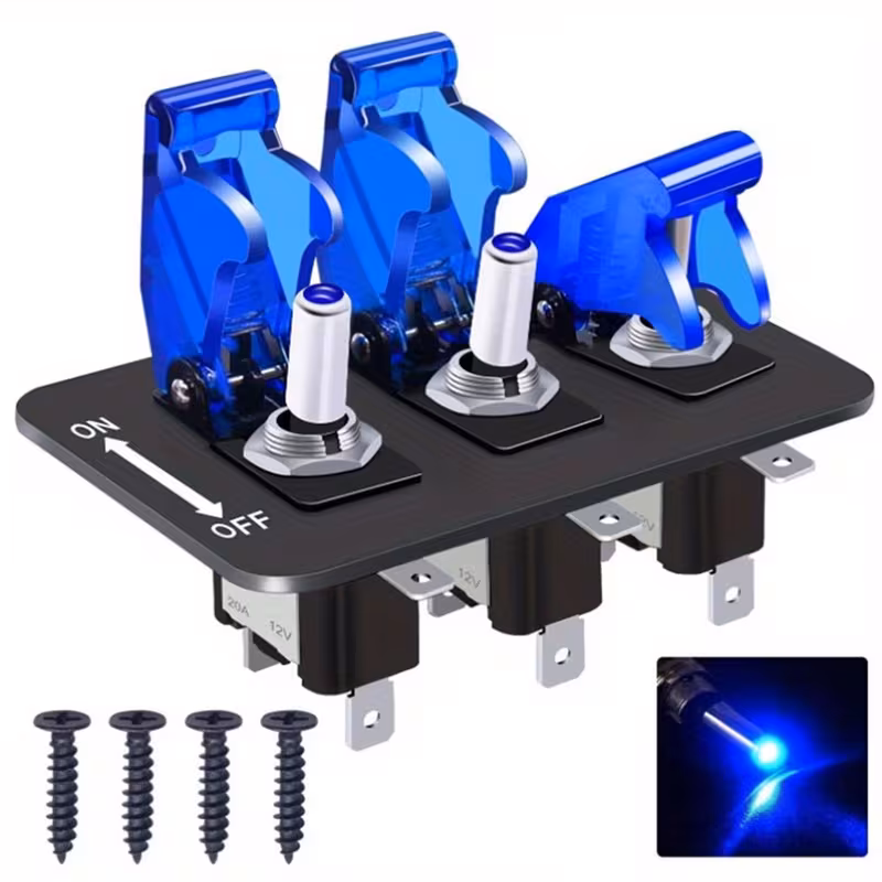 IQB 3 Gang Heavy-Duty 12V/36V DC Rocker Switch Panel with LED Indicator & Flip Cover - 20A SPST 3-Pole Toggle Switch with Overload, Easy Installation for Cars, Trucks, Boats, ATVs, Carts - Automotive Panel with Red Cover, Plug-and-Play Wiring (No Electronics Required)